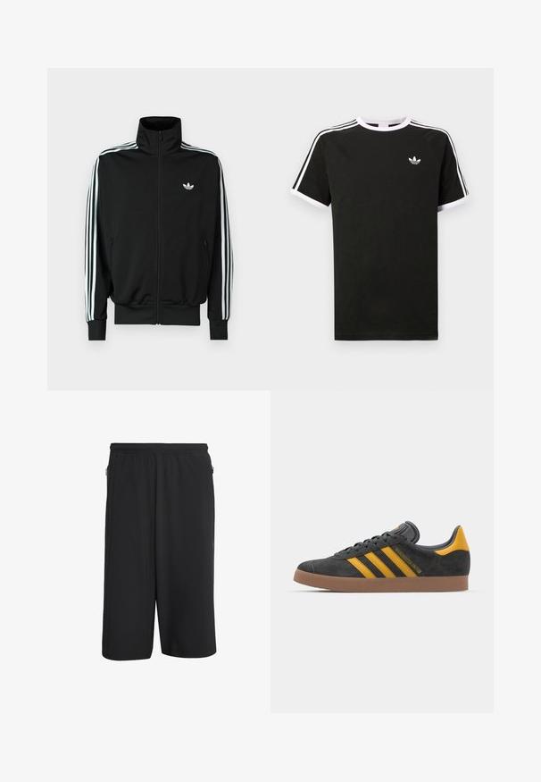 Czarna kurtka na zamek z wysokim kołnierzem, długimi rękawami ozdobionymi trzema białymi paskami oraz małym logo na piersi. Gładka faktura tkaniny.; Czarny t-shirt wykonany z bawełny z białymi akcentami. Posiada krótkie rękawy, fason raglanowy oraz małe logo na klatce piersiowej. Trzy białe paski na ramionach.; Czarne spodenki sportowe z elastycznym pasem, z bocznymi zamkami błyskawicznymi i gładkim, lekkim materiałem. Prosty, funkcjonalny design.; Czarne zamszowe sneakersy z żółtymi akcentami, z trzema paskami i brązową gumową podeszwą. Posiadają wyściełany język dla większego komfortu.