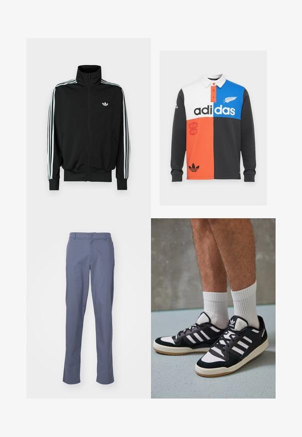 Black zip-up jacket featuring a high collar, long sleeves with three white stripes, and a small logo on the chest. Smooth fabric texture.; Color-blocked long-sleeve polo shirt in black, white, orange, and blue, with a collar, button placket, and prominent Adidas branding.; Blue, straight-leg pants made of lightweight fabric with a smooth texture, featuring front pockets and a button closure at the waist.; Black and white sneakers with a suede and leather upper, featuring three white stripes, a perforated toe, and a gum rubber sole.