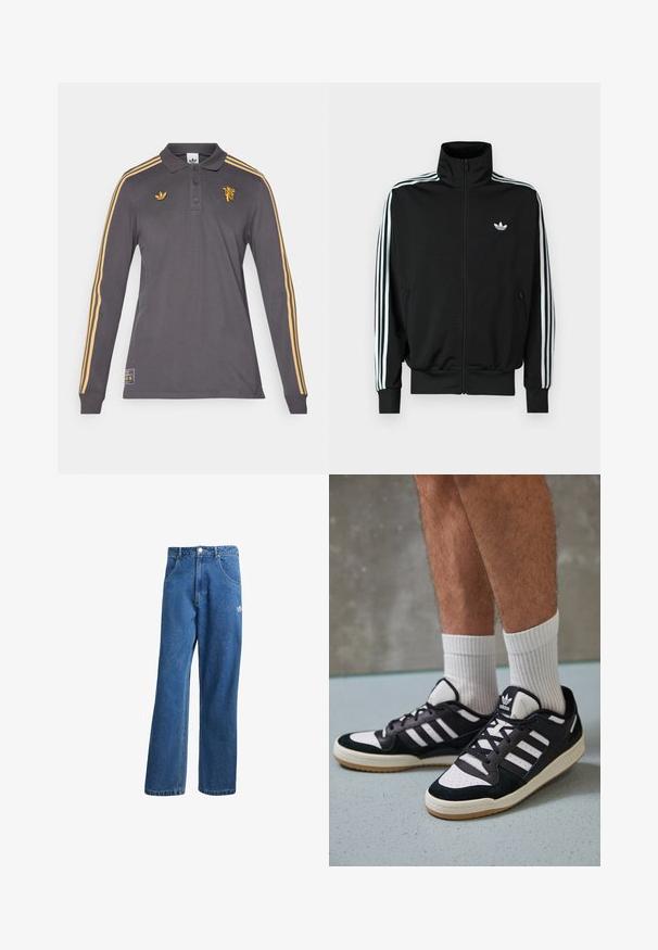 Casaco preto com fecho éclair, gola alta, mangas compridas com três riscas brancas e um pequeno logótipo no peito. Textura de tecido lisa.; adidas Originals MANCHESTER UNITED ICON LONG SLEEVE POLO - Roupa de discoteca - utility black; Calças de ganga azul com cintura alta e perna larga, com bolsos frontais, passadores de cinto, fecho de botão e pequeno logótipo da Adidas na coxa direita.; Ténis em preto e branco com upper em camurça e couro, apresentando três riscas brancas, um toe perfurado e uma sola em borracha de goma.
