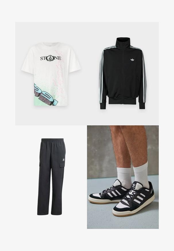 Jachetă neagră cu fermoar, cu guler înalt, mâneci lungi cu trei dungi albe și un mic logo pe piept. Textură netedă a țesăturii.; Tricou din bumbac alb cu inscripția "STONE" în negru, cu accente grafice verzi și roz pe față și o croială lejeră. Mâneci scurte.; Pantaloni cargo negri cu talie elastică, două buzunare laterale și un logo subtil pe coapsa stângă. Confecționați dintr-un material ușor.; Adidași negri și albi cu un superior din suede și piele, prevăzuți cu trei dungi albe, un vârf perforat și o talpă din cauciuc caramel.