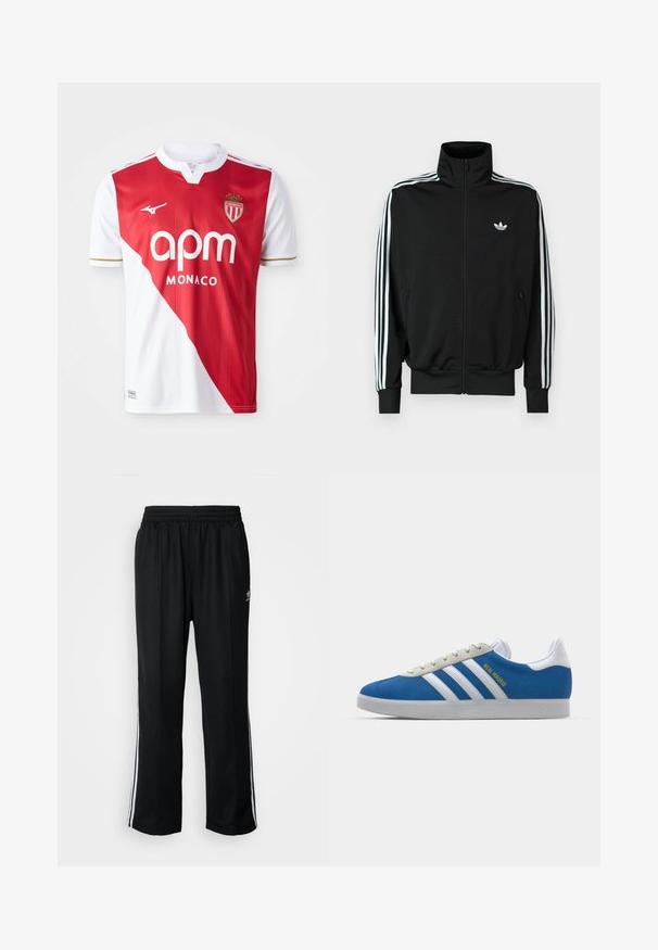 Svart hettejakke med glidelås, høy krage, lange ermer med tre hvite striper, og en liten logo på brystet. Glatt stofftekstur.; Rød og hvit fotballtrøye med kort erme, som har en skrå fargeblokk, gull detaljer, merkevarelogo og merke. Lett og pustende stoff.; Sorte treningsbukser med elastisk midjebånd, med hvite sidestiper og en liten logo. Materialet ser mykt og lett ut.; adidas Originals ADIDAS GAZELLE SHOES - Innendørsfotballsko - real madrid/bluebird/footwear white/crew yellow