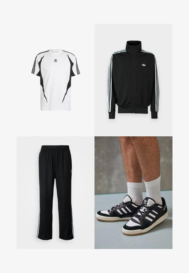 Juoda užsegama striukė su aukšta apykakle, ilgomis rankovėmis su trimis baltomis juostelėmis ir mažuoju logotipu ant krūtinės. Lygus audinio paviršius.; Balta marškinėliai su juodais akcentais; turi juodas išlenktas dizaino detales ir tris juodas juosteles ant pečių. Centrinis logotipas virš kaklo.; Juodi sportiniai keliai su elastingu juosmeniu, su baltais šonais ir mažu logotipu. Atrodo, kad medžiaga yra minkšta ir lengva.; Juodos ir baltos sportinės bateliai su zomšiniu ir odiniu viršumi, su trimis baltomis juostelėmis, perforuota koja ir guminėmis padais.