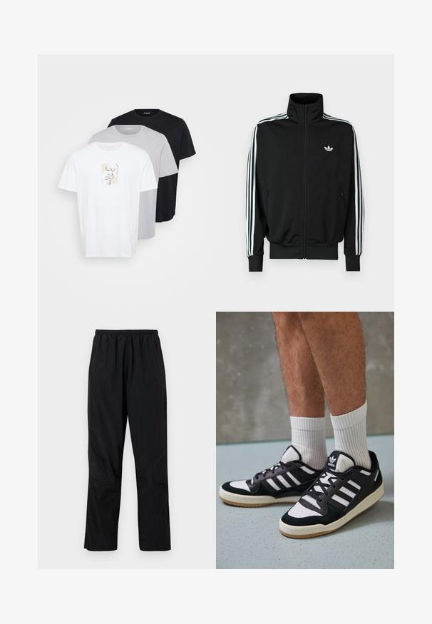 Must zip-up jope kõrge krae, pikad varrukad, millel on kolm valget triipu, ning väike logo rinnal. Sile kangapind.; Kolm lühikeste varrukatega T-särki valges, helesinises ja mustas värvitoonis. Valges särgis on minimalistlik kujundus. Pehme puuvillane kangas.; Mustad mustan värvi nailonist püksid elastse vööga, kergesti hingav tekstuur ja õmbluse detailid, mis loovad kaasaegse disaini.; Mustvalged ja valged spordijalatsid, mille pealmine osa on valmistatud suede'ist ja nahast. Kingadel on kolm valget riba, auguline varvas ja kummist tald.