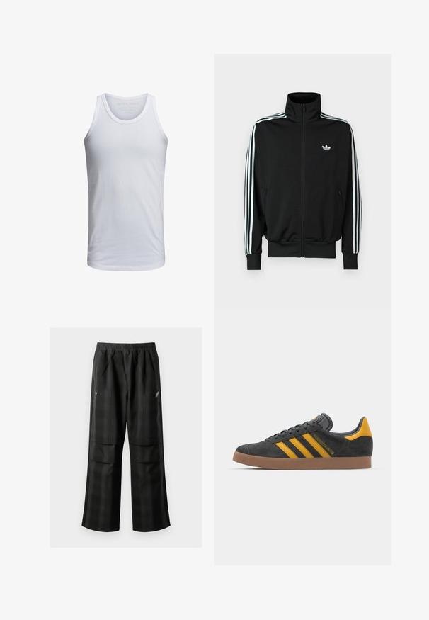 Melna rāvējslēdzēja jaka ar augstu apkakli, garām piedurknēm un trim baltām svītrām, kā arī nelielu logotipu uz krūtīm. Gluda auduma tekstūra.; Balta kokvilnas bezdelīgas krekls ar apkakli, platu plecu lenti un minimālu zīmolu, kas iegravēts apkaklē. Mīksta tekstūra, brīvs piegriezums.; Melnas kvadrātveida bikses ar elastīgu jostu, divām priekšējām kabatām un brīvu piegriezumu ar taisnām kājām. Izgatavotas no viegla materiāla.; Melnas zamšādas kedas ar dzelteniem akcentiem, kurām ir trīs svītras un brūna gumijas zole. Iekļauta mīksta valkāšanas tongue komfortam.