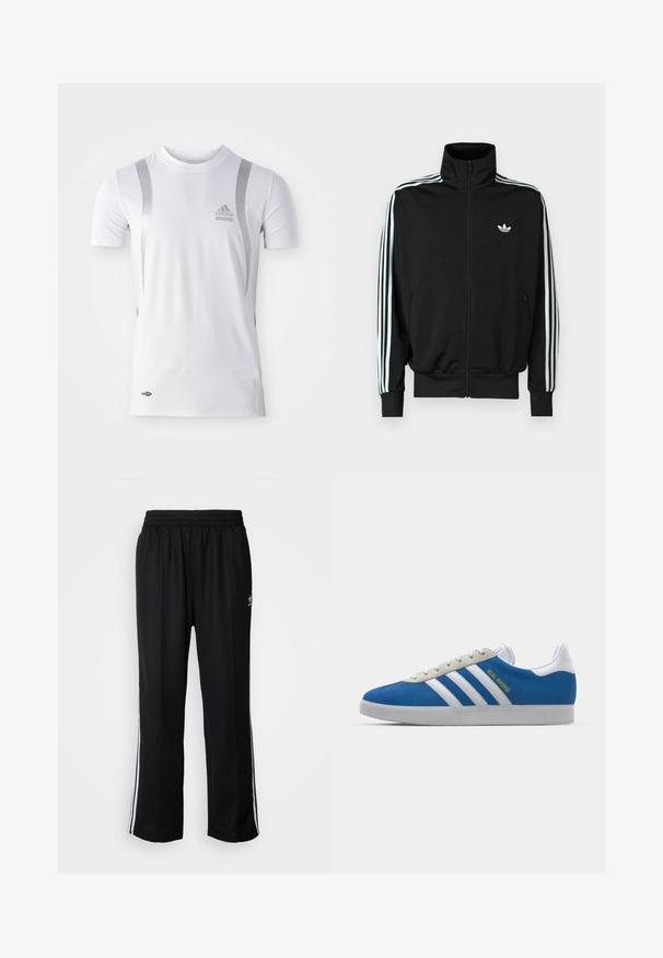 Juoda užsegama striukė su aukšta apykakle, ilgomis rankovėmis su trimis baltomis juostelėmis ir mažuoju logotipu ant krūtinės. Lygus audinio paviršius.; Balta trumpų rankovių sportinė marškinė su sidabriniais akcentais, su apvaliu kaklu ir Adidas logotipu ant krūtinės. Pagaminti iš drėgmę sugerenčios medžiagos.; Juodi sportiniai keliai su elastingu juosmeniu, su baltais šonais ir mažu logotipu. Atrodo, kad medžiaga yra minkšta ir lengva.; adidas Originals ADIDAS GAZELLE SHOES - Salės futbolo bateliai - real madrid/bluebird/footwear white/crew yellow