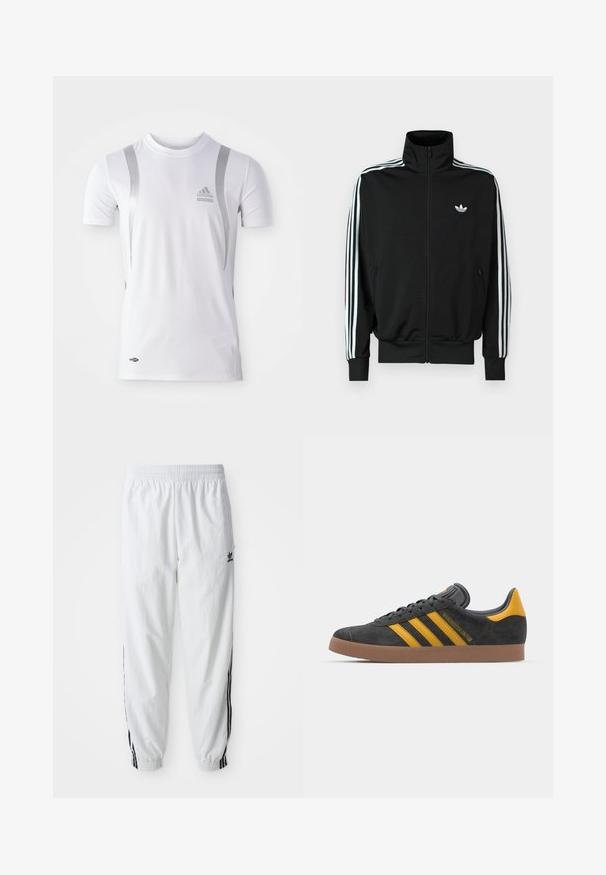 Melna rāvējslēdzēja jaka ar augstu apkakli, garām piedurknēm un trim baltām svītrām, kā arī nelielu logotipu uz krūtīm. Gluda auduma tekstūra.; Balta īsām piedurknēm sporta kreklā ar sudraba akcentiem, ar apaļu kaklu un Adidas logo uz krūtīm. Izgatavots no mitrumu izvadoša auduma.; Baltas sporta bikses ar melnām sānu svītrām, elastīga vidukļa josla un rokai; uz kreisā augšstilba atrodas Adidas logs. Gluda auduma tekstūra.; Melnas zamšādas kedas ar dzelteniem akcentiem, kurām ir trīs svītras un brūna gumijas zole. Iekļauta mīksta valkāšanas tongue komfortam.