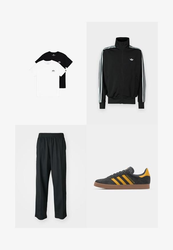 Sort lynlåstrøje med høj krave, lange ærmer med tre hvide striber og et lille logo på brystet. Glat stoftekstur.; To crewneck t-shirts: en hvid og en sort. Begge har små logoaccents på venstre bryst. Fremstillet af blødt bomuldsstof.; Sorte træningsbukser med elastisk talje, lavet af glat stof, med diskrete sidesyninger og en afslappet pasform, lige ben design.; Sort suedet sneaker med gule accenter, der har tre striber og en brun gummisål. Inkluderer en polstret tunge for komfort.