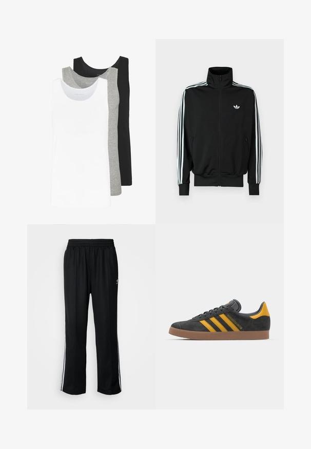 Black zip-up jacket featuring a high collar, long sleeves with three white stripes, and a small logo on the chest. Smooth fabric texture.; Three tank tops in white, gray, and black. Each features a classic sleeveless design, made from lightweight cotton fabric with a ribbed texture.; Black athletic pants with an elastic waistband, featuring white side stripes and a small logo. Material appears soft and lightweight.; Black suede sneaker with yellow accents, featuring three stripes and a brown rubber sole. Includes a padded tongue for comfort.