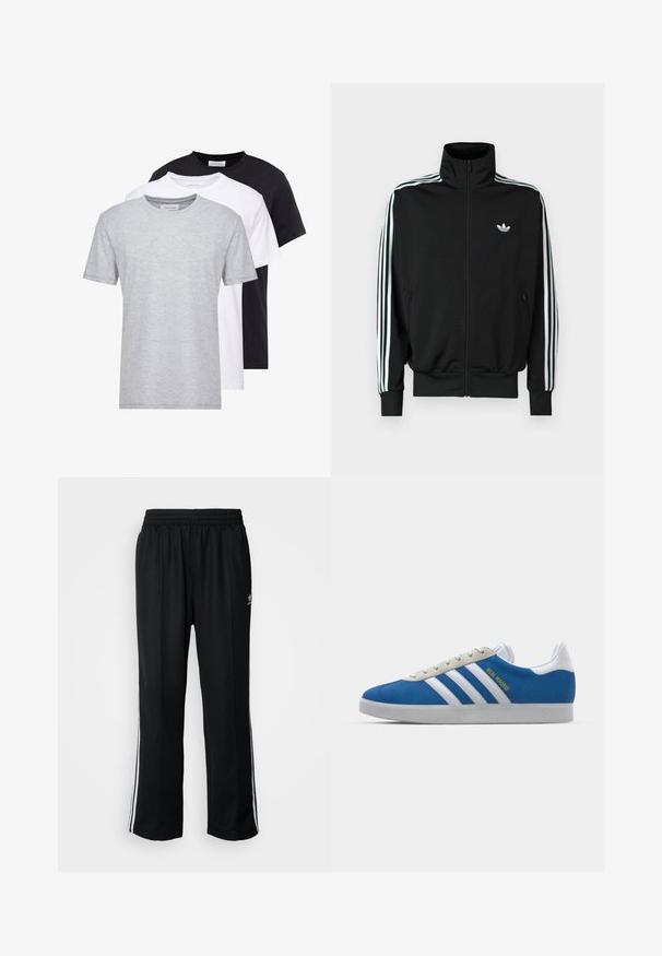 Μαύρο τζάκετ με φερμουάρ, ψηλό γιακά, μακριά μανίκια με τρεις λευκές ρίγες και μικρό λογότυπο στο στήθος. Λείο ύφασμα.; Τρία μπλουζάκια με λαιμόκοψη σε γκρι, λευκό και μαύρο χρώμα, με κοντά μανίκια, μαλακή υφή και ίσια γραμμή.; Μαύρο αθλητικό παντελόνι με ελαστική μέση, διαθέτει λευκές ρίγες στο πλάι και ένα μικρό λογότυπο. Το υλικό φαίνεται μαλακό και ελαφρύ.; adidas Originals ADIDAS GAZELLE SHOES - Μπότες ποδοσφαίρου εσωτερικού χώρου - real madrid/bluebird/footwear white/crew yellow