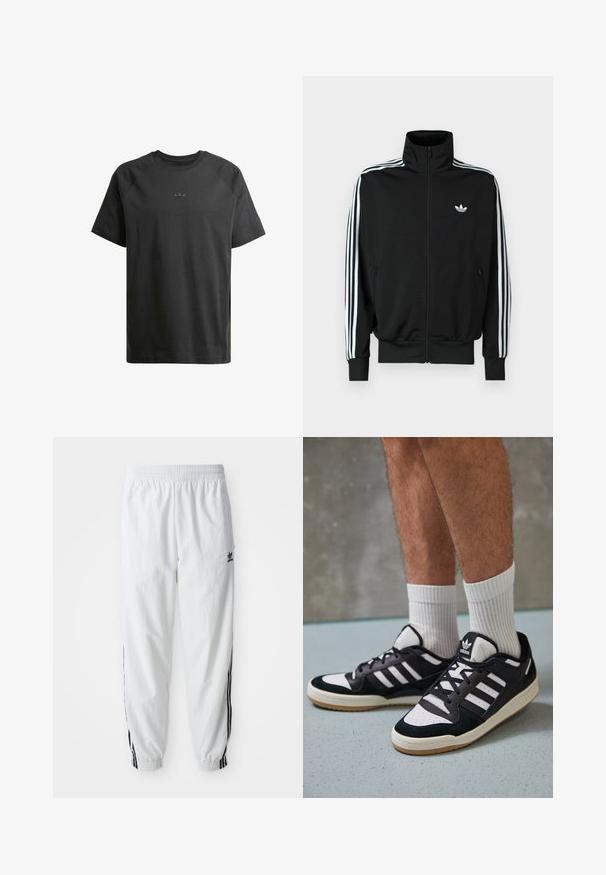 Juoda užsegama striukė su aukšta apykakle, ilgomis rankovėmis su trimis baltomis juostelėmis ir mažuoju logotipu ant krūtinės. Lygus audinio paviršius.; Juodas medvilninis marškinėliai su trumpomis raglan rankovėmis, turintys subtilų iškilų logotipą krūtinėje ir glotnų tekstūrą visame paviršiuje.; Balti sportiniai kelnių su juodomis šoninėmis juostelėmis, elastinga juosmens juosta ir rankovėmis; kairiame šlaunyje yra Adidas logotipas. Lygus audinio paviršius.; Juodos ir baltos sportinės bateliai su zomšiniu ir odiniu viršumi, su trimis baltomis juostelėmis, perforuota koja ir guminėmis padais.