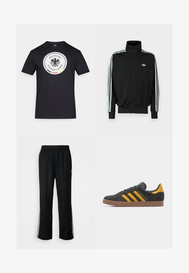 Casaco preto com fecho éclair, gola alta, mangas compridas com três riscas brancas e um pequeno logótipo no peito. Textura de tecido lisa.; T-shirt de algodão preto com um gráfico circular com o logótipo da Associação Alemã de Futebol, com detalhes em branco, vermelho e amarelo.; Calças atléticas pretas com um cós elástico, apresentando riscas brancas laterais e um pequeno logótipo. O material parece macio e leve.; Tenis em camurça preta com detalhes amarelos, apresentando três riscas e uma sola de borracha castanha. Inclui uma língua acolchoada para maior conforto.