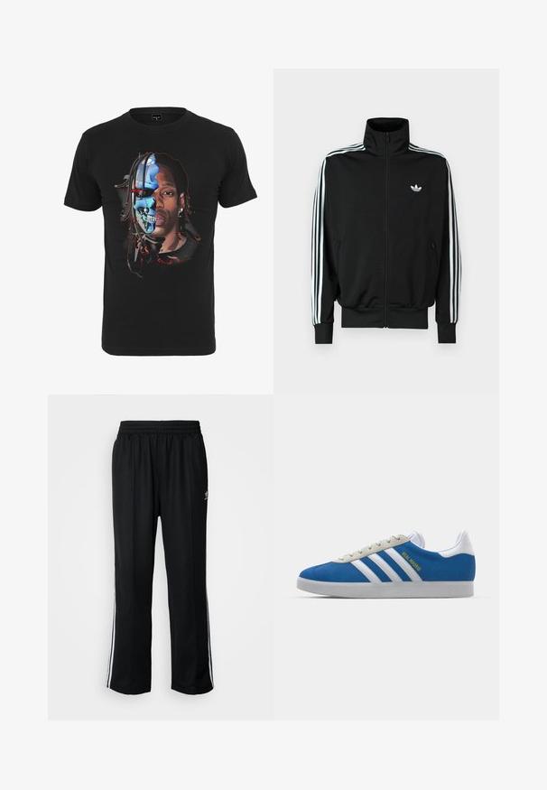 Černá bunda na zip s vysokým límcem, dlouhými rukávy s třemi bílými pruhy a malým logem na hrudi. Hladká textura látky.; Černé bavlněné tričko s grafickým designem obličeje rozděleného mezi lidskou tvář a robotickou lebku, s detailními barevnými akcenty.; Černé sportovní kalhoty s elastickým pasem, s bílými bočními pruhy a malým logem. Materiál vypadá měkce a lehce.; adidas Originals ADIDAS GAZELLE SHOES - Sálové kopačky - real madrid/bluebird/footwear white/crew yellow