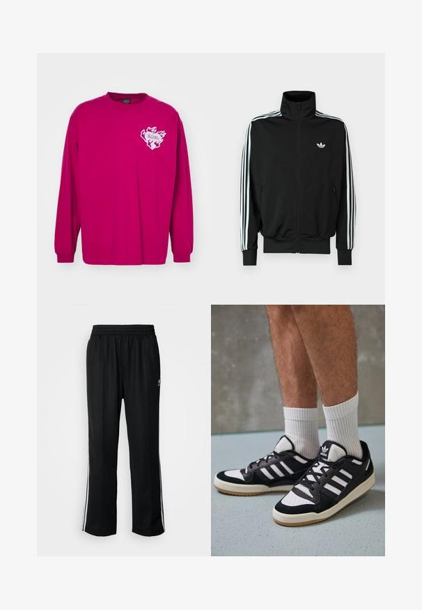 Black zip-up jacket featuring a high collar, long sleeves with three white stripes, and a small logo on the chest. Smooth fabric texture.; Long-sleeve shirt in bright pink cotton. Features a white flame design with text on the left chest. Ribbed cuffs, crew neckline.; Black athletic pants with an elastic waistband, featuring white side stripes and a small logo. Material appears soft and lightweight.; Black and white sneakers with a suede and leather upper, featuring three white stripes, a perforated toe, and a gum rubber sole.