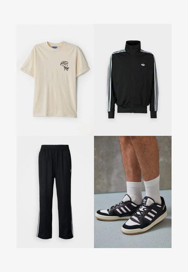 Črna jakna z zadrgo, visokim ovratnikom, dolgimi rokavi s tremi belimi črtami in majhnim logotipom na prsih. Gladek tekstura tkanine.; Kremna bombažna majica s kratkimi rokavi, s črnim grafičnim besedilom in ilustracijo na levem prednjem delu.; Črne atletske hlače z elastičnim pasom, ki imajo bele stranske črte in majhen logo. Material izgleda mehak in lahek.; Črno-bele superge z zgornjim delom iz usnja in nubuka, ki imajo tri bele črte, perforiran vrh prstov in podplat iz gume.
