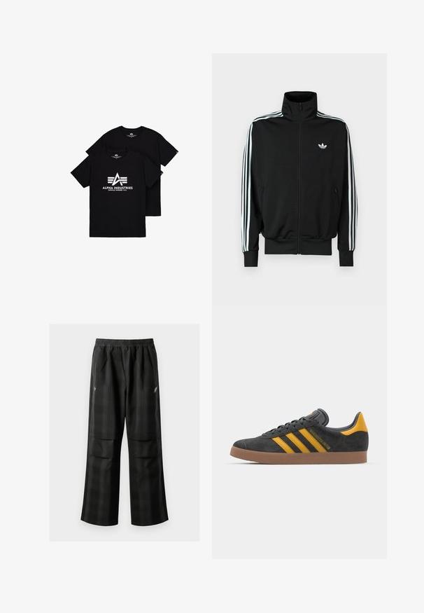 Musta vetoketjullinen takki, jossa on korkea kaulus, pitkät hihat kolmeen valkoiseen raitaan ja pieni logo rinnassa. Sileä kangaspinta.; Mustat puuvillapaidat, joissa on valkoinen logo, jossa on "A" ja kolme raitaa alla. Pyöreä kaula-aukko ja lyhyet hihat, esitetty pinottuna.; Mustat ruudulliset housut, joissa on joustava vyötärö, kaksi etutaskua ja rento istuvuus suoralla lahkeella. Valmistettu kevyestä materiaalista.; Mustat samettiset tennarit, joissa on keltaisia yksityiskohtia, kolmonen raita ja ruskea kumipohja. Sisältää pehmustetun kielisen mukavuutta varten.