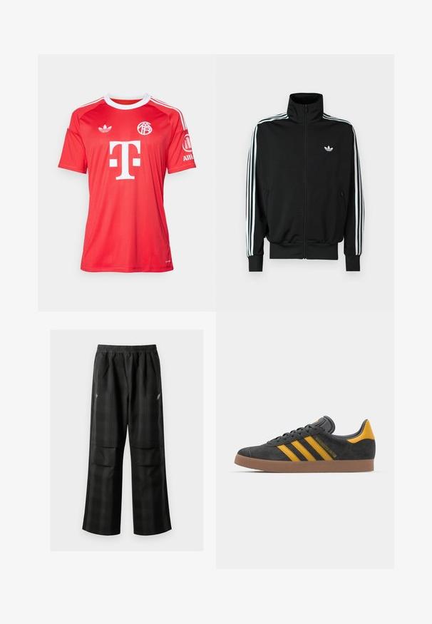 Veste noire à fermeture éclair avec un col montant, des manches longues ornées de trois bandes blanches, et un petit logo sur la poitrine. Texture du tissu lisse.; adidas Performance FC BAYERN 2025/2026 THIRD GOALKEEPER JERSEY - Article de supporter d'équipe de club - pure ruby; Pantalons à carreaux noirs avec une taille élastique, deux poches avant et une coupe ample avec une conception à jambe droite. Fabriqués en matériau léger.; Baskets en suede noir avec des accents jaunes, présentant trois rayures et une semelle en caoutchouc marron. Comprend une languette rembourrée pour le confort.
