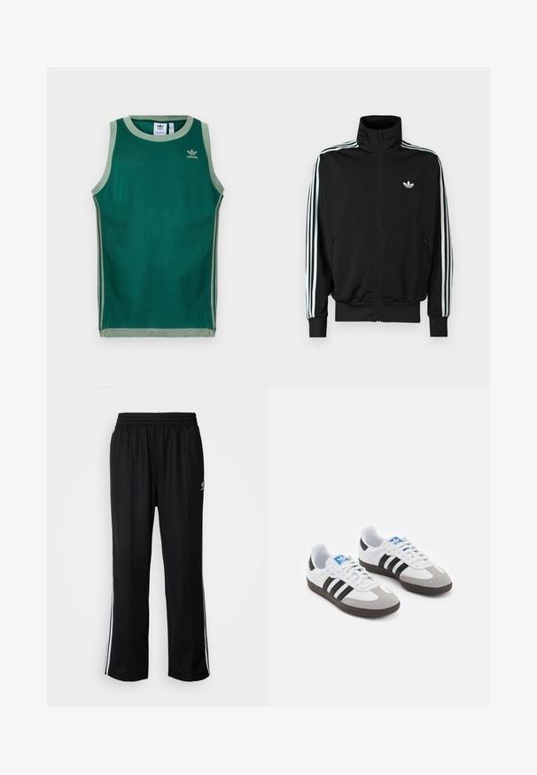 Fekete cipzáros dzseki magas gallérral, hosszú ujjakkal, amelyeken három fehér csík fut, valamint a mellrészen egy kis logó található. Sima anyagtextúra.; Zöld, ujjatlan sportmellény, hálós anyagból készült. Világoszöld díszítéssel és oldalsó csíkokkal rendelkezik. Arany Adidas logó található rajta.; Fekete sportnadrág rugalmas derékrésszel, fehér oldalsávokkal és egy kis logóval. Az anyaga lágy és könnyűnek tűnik.; Fehér bőr felsőrészes sportcipő, szürke velúrból készült orral és három fekete csíkkal. Jellemzője a kék logó a nyelvén és egy texturált gumitalp.