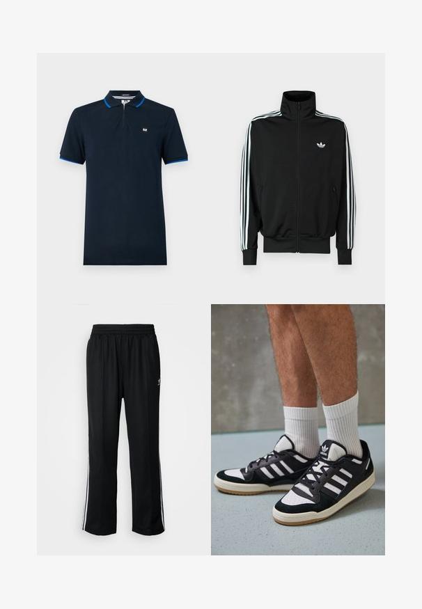 Juoda užsegama striukė su aukšta apykakle, ilgomis rankovėmis su trimis baltomis juostelėmis ir mažuoju logotipu ant krūtinės. Lygus audinio paviršius.; Tamsiai mėlyna polo marškinėliai, pagaminti iš lygios medžiagos, su užtrauktuku ant apykaklės, trumpomis rankovėmis su mėlynomis akcentais ir mažu logotipu ant krūtinės.; Juodi sportiniai keliai su elastingu juosmeniu, su baltais šonais ir mažu logotipu. Atrodo, kad medžiaga yra minkšta ir lengva.; Juodos ir baltos sportinės bateliai su zomšiniu ir odiniu viršumi, su trimis baltomis juostelėmis, perforuota koja ir guminėmis padais.