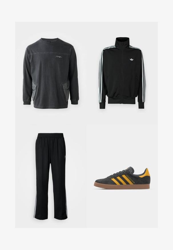 Sort lynlåstrøje med høj krave, lange ærmer med tre hvide striber og et lille logo på brystet. Glat stoftekstur.; Sort langærmet skjorte med rund hals. Har to sidelommer og et bjergmotiv på brystet. Fremstillet af blødt bomuldsstof.; Sorte træningsbukser med elastisk talje, der har hvide sidestænger og et lille logo. Materialet ser blødt og let ud.; Sort suedet sneaker med gule accenter, der har tre striber og en brun gummisål. Inkluderer en polstret tunge for komfort.
