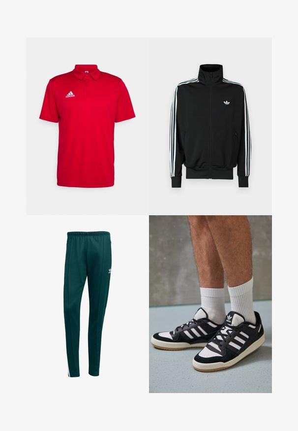 Must zip-up jope kõrge krae, pikad varrukad, millel on kolm valget triipu, ning väike logo rinnal. Sile kangapind.; Punane polo särk, mis on valmistatud hingavast kangast. Omab kraed, lühikesi varrukaid ja vasakul rinnal valget Adidas'i logo.; Tumes rohelised sportlikud püksid kitseneva lõikega, elastse vöökoha, külgmiste lukutaskute ja valgete külgpindadega. Valmistatud pehmest, hingavast materjalist.; Mustvalged ja valged spordijalatsid, mille pealmine osa on valmistatud suede'ist ja nahast. Kingadel on kolm valget riba, auguline varvas ja kummist tald.