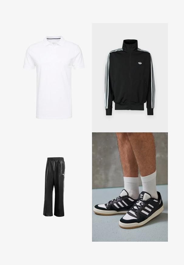 Schwarze Jacke mit Reißverschluss, hohem Kragen, langen Ärmeln mit drei weißen Streifen und einem kleinen Logo auf der Brust. Glatte Stoffstruktur.; Weißes Poloshirt aus Baumwolle, mit einem traditionellen Kragen, kurzen Ärmeln und einer Dreiknopf-Leiste, die innen subtile marineblaue Akzente aufweist.; Schwarze synthetische Sporthosen mit elastischem Taillenbund, ausgestattet mit weißen Seitenstreifen und einem kleinen weißen Logo auf der linken Hüfte.; Schwarz-weiße Sneaker mit einem Obermaterial aus Wildleder und Leder, ausgestattet mit drei weißen Streifen, einer perforierten Zehenpartie und einer Sohle aus Gummi.