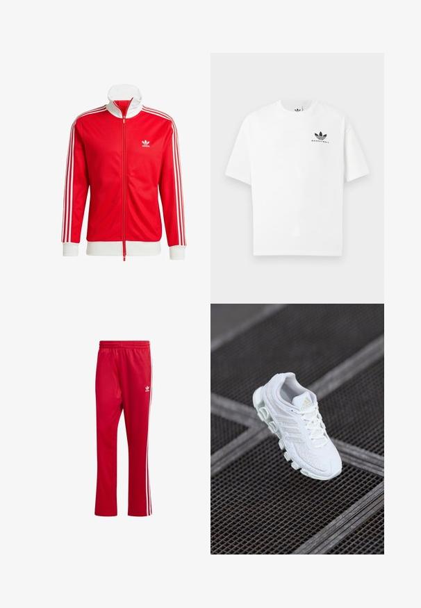 Raudona striukė sportui, pagaminta iš lygaus audinio su baltais akcentais. Yra aukšta apykaklė, pilnas užtrauktukas ir trys baltos juostelės ant kiekvienos rankovės.; Balta medvilninė marškinėlių su trumpomis rankovėmis, su juodu "BASKETBALL" logotipu ir ikonišku trimis juostelėmis dizainu priekyje.; Raudoni sportiniai kelnės, pagamintos iš sklandžios medžiagos, su baltais šoninės juostomis ir siuvinėtu logotipu kairiajame šlaunyje. Įtrauktas elastingas juosmuo.; Baltas sportinis batelis su tinklinio viršumi, trimis lygiagrečiomis linijomis, paminkštintu padu ir tekstūruotu išorinio pado raštu.