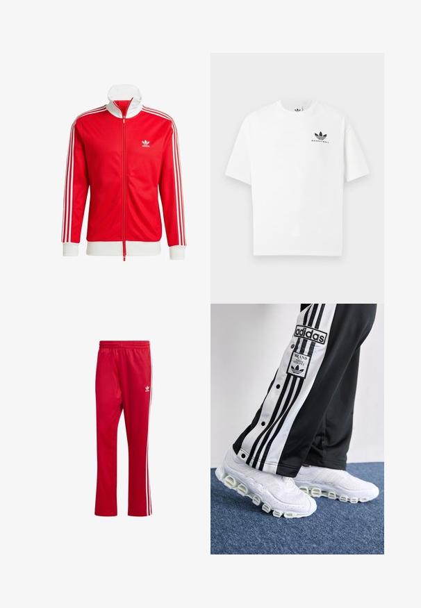 Rode trainingsjack gemaakt van gladde stof met witte accenten. Voorzien van een hoge kraag, volledige rits en drie witte strepen op elke mouw.; Witte katoenen t-shirt met korte mouwen, voorzien van een zwart "BASKETBALL" logo en het iconische drie-streependesign aan de voorkant.; Rode sportbroek gemaakt van gladde stof met witte zijstrepen en een geborduurd logo op de linkerdij. Inclusief elastische tailleband.; Adidas trainingsbroeken in zwart en wit met drie strepen en drukknopen, gecombineerd met witte sneakers met een dikke, buisvormige zool.