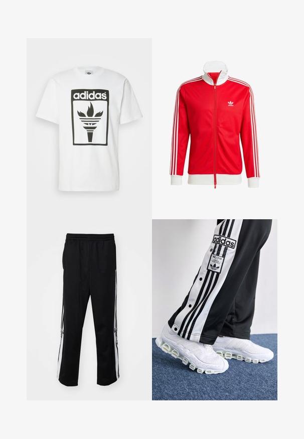 Red track jacket made of smooth fabric with white accents. Features a high collar, full zip, and three white stripes on each sleeve.; White cotton t-shirt featuring a large black adidas logo graphic with a torch design inside a rectangular frame. Short sleeves, classic fit.; Black athletic pants made of smooth fabric, featuring white side stripes and an elastic waistband for comfort. No notable details or patterns.; Adidas track pants in black and white with three stripes and snap buttons, paired with white sneakers featuring a thick, tubular sole.