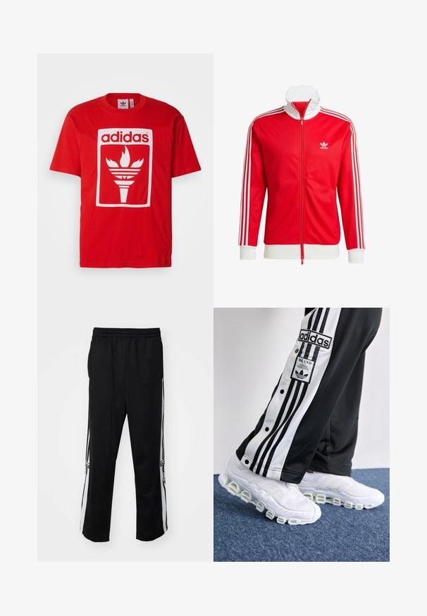 Red track jacket made of smooth fabric with white accents. Features a high collar, full zip, and three white stripes on each sleeve.; adidas Originals TREFOIL TORCH - Print T-shirt - better scarlet; Black athletic pants made of smooth fabric, featuring white side stripes and an elastic waistband for comfort. No notable details or patterns.; Adidas track pants in black and white with three stripes and snap buttons, paired with white sneakers featuring a thick, tubular sole.
