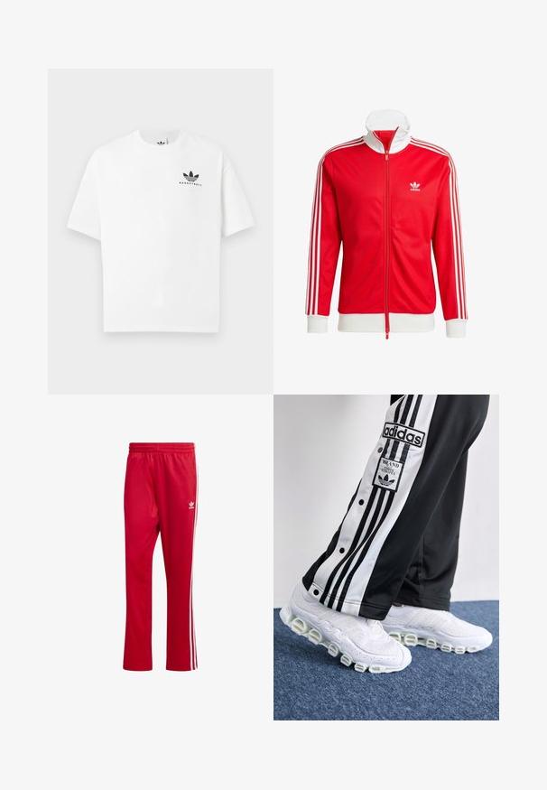 Sarkans sporta jaku, kas izgatavota no gludas auduma, ar baltām akcentiem. Iespējas ietver augstu apkakli, pilnu rāvējslēdzēju un trīs baltas svītras uz katra piedurknes.; Baltas kokvilnas T-krekls ar īsām piedurknēm, uz kura priekšpuses ir melns "BASKETBALL" logs un ikoniskais trīs svītru dizains.; Sarkanais sporta bikses izgatavotas no gludas auduma, ar baltām sānu svītrām un izšūtu logo kreisajā augšstilbā. Ar elastīgu jostasvietu.; Adidas sporta bikses melnā un baltā krāsā ar trim svītrām un pogām, saliktām kreisajā pusē, apvienotas ar baltām sporta kurpēm ar masīvu, cilindrisku zoli.