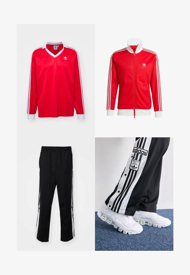 Raudona striukė sportui, pagaminta iš lygaus audinio su baltais akcentais. Yra aukšta apykaklė, pilnas užtrauktukas ir trys baltos juostelės ant kiekvienos rankovės.; adidas Originals Polo marškinėliai - better scarlet; Juodos sportinės kelnės, pagamintos iš lygaus audinio, su baltais šonų dryžiais ir elastingu juosmeniu patogumui. Nėra žinomų detalių ar raštų.; Adidas sportinės kelnės juodos ir baltos spalvų su trimis juostelėmis ir spaustukais, derinamos su baltomis sportinėmis bateliais, turinčiais storą, vamzdinę padą.
