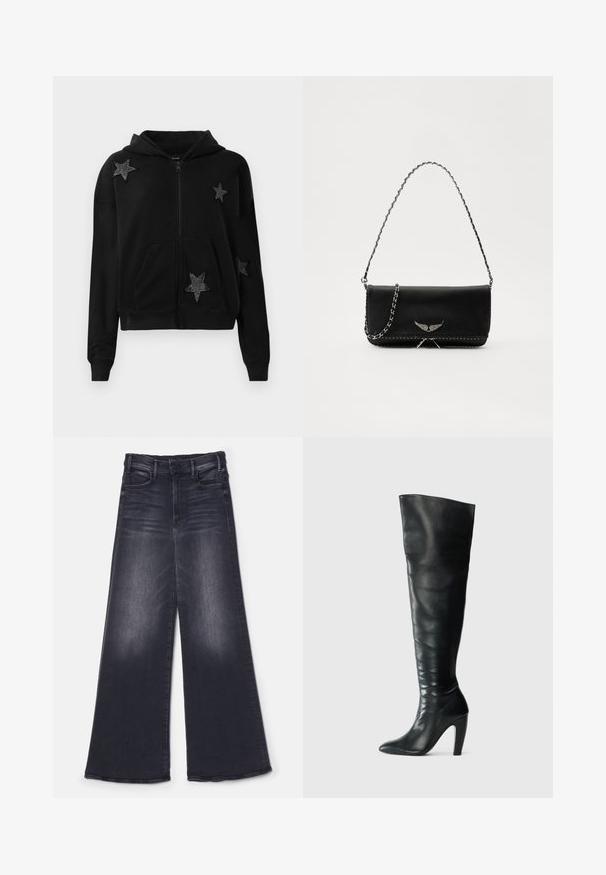 Sudadera negra con cremallera, con bolsillos frontales y capucha, decorada con cuatro parches de estrellas negras adornados con pequeñas cuentas.; Camisa blanca de manga larga con un diseño ajustado. Presenta un gran cuello, cierre frontal con botones marrones y un pequeño logotipo bordado.; Mother THE HUSTLER ROLLER SNEAK - Pernera ancha - not today satan; Botas de cuero negras por encima de la rodilla con un diseño ajustado, punta afilada y tacón alto. Textura suave y estilo minimalista.; Bolso de mano de cuero negro con una correa de cadena plateada, que presenta acentos decorativos en forma de alas y costuras blancas a lo largo de la costura inferior.