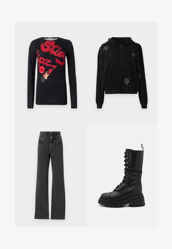 Fekete, cipzáros kapucnis pulóver elülső zsebekkel, négy fekete csillagapplikációval díszítve, amelyek apró gyöngyökkel vannak díszítve.; Fekete hosszú ujjú póló, piros szöveggel és rúzs illusztrációval díszítve. Simogatós pamut anyag, klasszikus környakú fazon.; Fekete, magas derekú farmer az egyenes szárú dizájnjával, diszkrét kopott hatásával és fém gombos részleteivel a deréknál.; Fekete bőr fűzős csizmák masszív, bordázott talppal, magas szárral és textúrált felülettel, fém fűzőlyukakkal és húzófüllel.