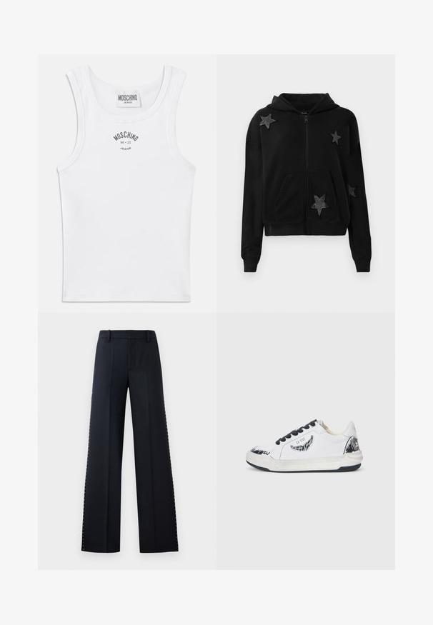 Hanorac negru cu fermoar, dotat cu buzunare frontale și glugă, decorat cu patru appliști în formă de stea negre împodobite cu mărgele mici.; Top din bumbac alb cu model côtlet, cu decolteu rotund și bretele late. Logo-ul "MOSCHINO JEANS" imprimat în gri pe piept.; Pantaloni cu croi larg, de culoare neagră. Croi ajustat cu o textură netedă. Prezentază o serie de nituri metalice de-a lungul cusăturilor laterale pentru detaliu.; Adidași albi cu accente negre, având un design texturat pe lateral, șireturi negre și talpă din cauciuc. Logo și artă pe partea superioară.