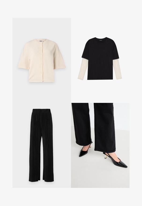 Beigā īsā piedurkņu kardigāna, kas izgatavota no mīksta auduma, ar apaļu kakla izgriezumu un pogu aizdari priekšpusē, kā arī brīvu piegriezumu.; Melna kokvilnas T-kreklu ar īsām piedurknēm, virs baltas garām piedurknēm ar smalku teksturētu rakstu. Apaļas kakla izgriezuma dizains.; Melni plīšu bikses ar elastīgu jostu. Tām ir platākas kājas un gluda, teksturēta auduma ar vertikālām svītrām.; Simmi London JUNE - Klasiski papēži - black