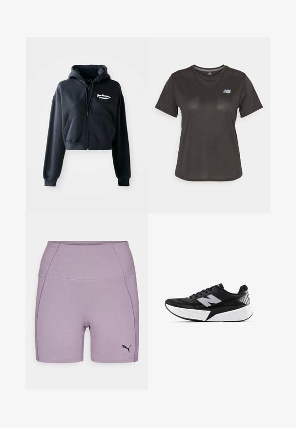 Sort cropped hoodie lavet af blødt stof, med lynlås foran, to frontlommer og hvid broderet tekst på venstre bryst.; Sort atletisk t-shirt med korte ærmer, lavet af letvægtsstof. Har et subtilt struktureret mønster og et lille hvidt logo på brystet.; Lilac atletik shorts lavet af strækbart stof, med høj talje, flade sømme og et lille sort logo på venstre side.; Sort og hvid New Balance løbesko med tyk sål, mesh-overdel og "N"-logo på siden, set fra ydersiden.