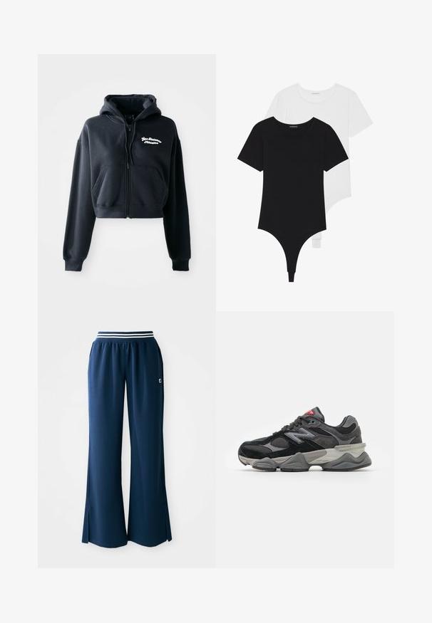 Hanorac scurt negru dintr-un material moale, cu fermoar în față, două buzunare frontale și text brodat alb pe partea stângă a pieptului.; Body-uri scurte din materiale negre și albe, cu mâneci scurte, decolteu rotund și fund întreg tip thong, fabricate dintr-un material neted și elastic.; Pantaloni sportivi bleumarin cu picior larg, talie elastică cu o dungă albă și slituri laterale pentru o mișcare suplimentară. Logo pe buzunar.; Adidași negri și gri cu un amestec de material din suede și plasă, talpă groasă, logo proeminent și accente roșii pe limbă.