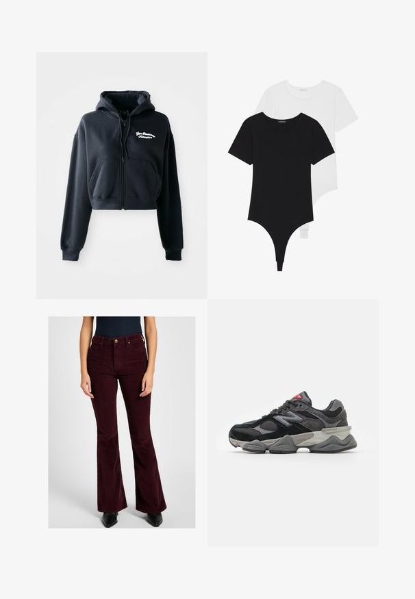 Must erineva lõikega must kapuutsiga särk, mis on valmistatud pehmest kangast. Sellel on peetrukipaneel, kaks esikotti ja vasakul rinnal valge broderiega tekst.; Mustvalged lühikeste varrukatega bodid ümmarguste kaelustega ja stringpüksikestega, valmistatud siledast ja venivast kangast.; Burgundia värvi kõrvitsmaised püksid, millel on ees taskud, luku ja nupuga sulgemine ning tekstuuriga viimistlus.; Must muste ja hall tossud, mis on tehtud segu sametist ja võrkmaterjalist, pakse vahetallaga, silmapaistva logoga ja punase aktsendiga keelel.