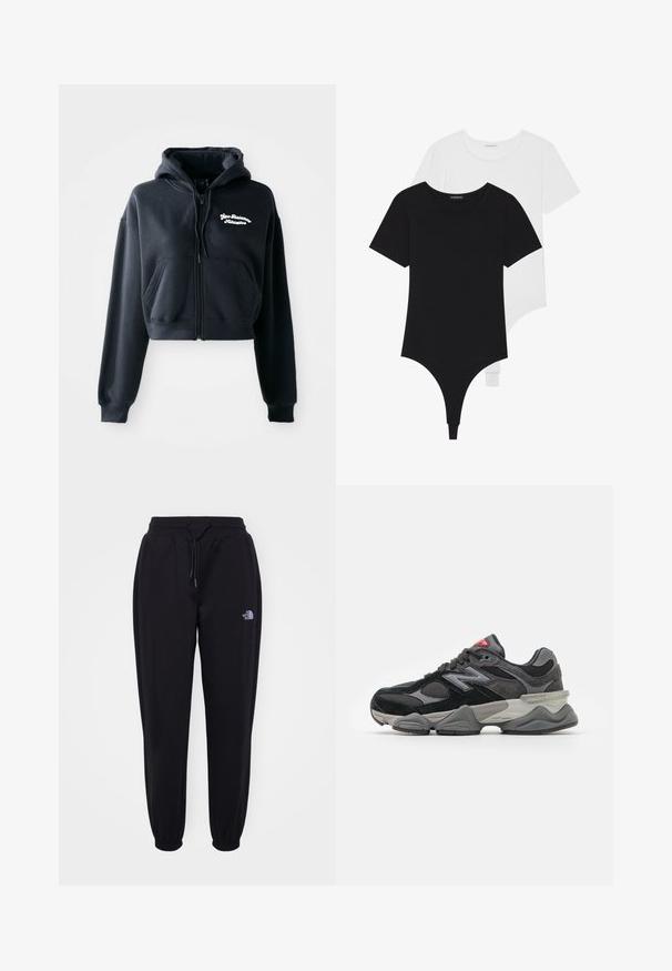 Zwarte cropped hoodie van zachte stof, met een ritssluiting aan de voorkant, twee voorzakken en witte geborduurde tekst op de linkerkant van de borst.; Zwart-witte korte mouwen bodysuits met ronde halzen en stringonderdelen, gemaakt van glad, rekbaar stof.; Zwarte joggingsbroek met elastische tailleband en boorden, trekkoord, zijzakken en een klein wit The North Face-logo op de rechterdij.; Zwarte en grijze sneaker met een mix van suede en mesh materialen, dikke zool, opvallend logo en een rode accent op de tong.