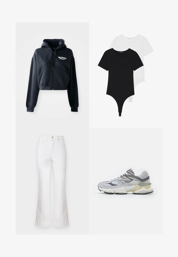 Musta lyhythihainen huppari, joka on valmistettu pehmeästä kankaasta. Hupparissa on vetoketjukiinnitys, kaksi etutaskua ja valkoista brodeerattua tekstiä vasemmassa rinnassa.; Mustat ja valkoiset lyhythihaiset bodysuitit, joissa on pyöreä pääntie ja thong-tyyliset alaosat, valmistettu sileästä, joustavasta kankaasta.; Valkoiset farkkulegginsit, joissa on korkea vyötärö, etutaskut ja vetoketjula closure. Suora pinta ja puhdas, minimalistinen muotoilu.; Harmaa mokkanahka- ja verkkomateriaali sneakeri, jossa on paksu valkoinen ja beige pohja, jolle on ominaista näkyvä valkoinen logo ja punaiset yksityiskohdat.