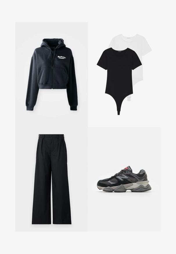 Crni skraćeni dukserica od mekanog materijala, sa prednjim patentnim zatvaračem, dva prednja džepa i belim izvezenim tekstom na levoj strani grudi.; Crne i bijele body majice kratkih rukava s okruglim izrezima i tangama, izrađene od glatke, rastezljive tkanine.; Crne hlače širokih nogavica izrađene od glatkog materijala, s kopčanjem na dugme i plisiranjima za dodatnu strukturu. Jednostavan, minimalistički dizajn.; Crne i sive tenisice s kombinacijom antilopa i mrežastih materijala, debelim đonom, istaknutim logotipom i crvenim naglaskom na jeziku.