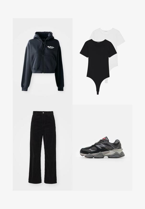 Musta lyhythihainen huppari, joka on valmistettu pehmeästä kankaasta. Hupparissa on vetoketjukiinnitys, kaksi etutaskua ja valkoista brodeerattua tekstiä vasemmassa rinnassa.; Mustat ja valkoiset lyhythihaiset bodysuitit, joissa on pyöreä pääntie ja thong-tyyliset alaosat, valmistettu sileästä, joustavasta kankaasta.; Mustat corduroypöksyt leveillä lahkeilla ja korkealla vyötäröllä, joissa on edessä nappi- ja vetoketjukiinnitys sekä pystysuora röyhelötekstuuri koko matkalla.; Mustat ja harmaat lenkkarit, joissa on yhdistelmä mokkaa ja verkkomateriaaleja, paksu pohja, hallitseva logo ja punaisia yksityiskohtia kielekkeessä.