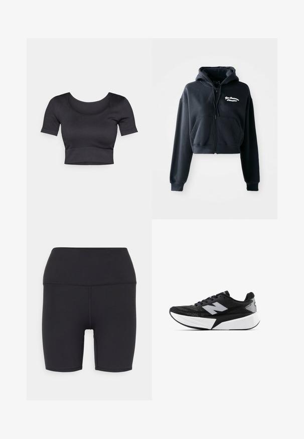 Hoodie cropped nero realizzato in tessuto morbido, con zip frontale, due tasche frontali e testo ricamato bianco sul petto sinistro.; Top corto a coste nero con maniche corte, scollatura rotonda ampia e fascia aderente nella parte inferiore. Tessuto morbido, design informale.; Shorts sportivi neri realizzati in materiale elastico, con un'alta vita, texture liscia e senza motivi o componenti visibili.; Scarpa da corsa New Balance in bianco e nero con suola spessa, parte superiore in rete e logo "N" sul lato, vista dal lato esterno.