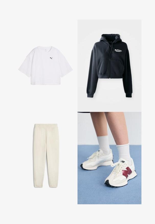 Juodas trumpas gobtuvas, pagamintas iš švelnios medžiagos, su užtrauktuku priekyje, dviem priekinėmis kišenėmis ir balta siuvinėta tekstu kairėje krūtinės pusėje.; Balta trumpa medvilninė marškinėlių palaidinė. Su apvaliu iškirpimu ir plačiomis trumpomis rankovėmis. Juodas Puma logotipas kairėje krūtinės pusėje.; Šviesiai smėlio spalvos sportinės kelnės, pagamintos iš minkštos medžiagos, su elastingu juosmeniu, prisijaukintomis kulkšnimis ir mažu baltu logotipu šone.; Balti sportbačiai su bordo akcentais, tekstūriniais paviršiais, plokščiomis juodomis pado dalimis ir šviesiomis raišteliais, dėvimi su baltais kulkšnų ponoškais.