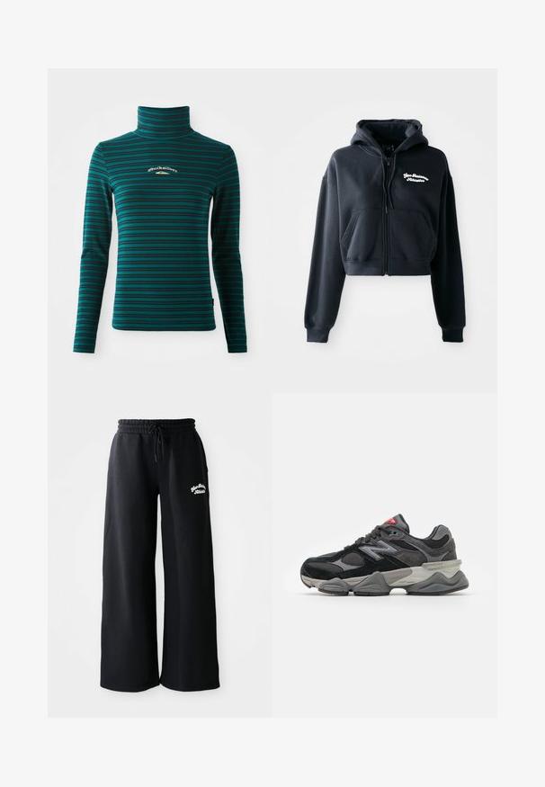 Črn skrajšan hoodie iz mehke tkanine, z zadrgo na sprednji strani, dvema sprednjima žepoma in belim vezenim napisom na levi strani prsnega koša.; Zgornji del z dolgimi rokavi in turtleneck ovratnikom v smaragdno zeleni barvi s temno modrimi horizontalnimi črtami. Ima majhen bel in zlat logotip na prsih. Mehka in raztegljiva tkanina.; Črne široke trenirke z vrvico v pasu. Imajo izvezen napis na levi strani in so izdelane iz mešanice mehkega bombaža.; Črne in sivo športne copate z mešanico semiša in mrežastih materialov, debele podplate, izrazit logotip in rdeč poudarek na ježku.