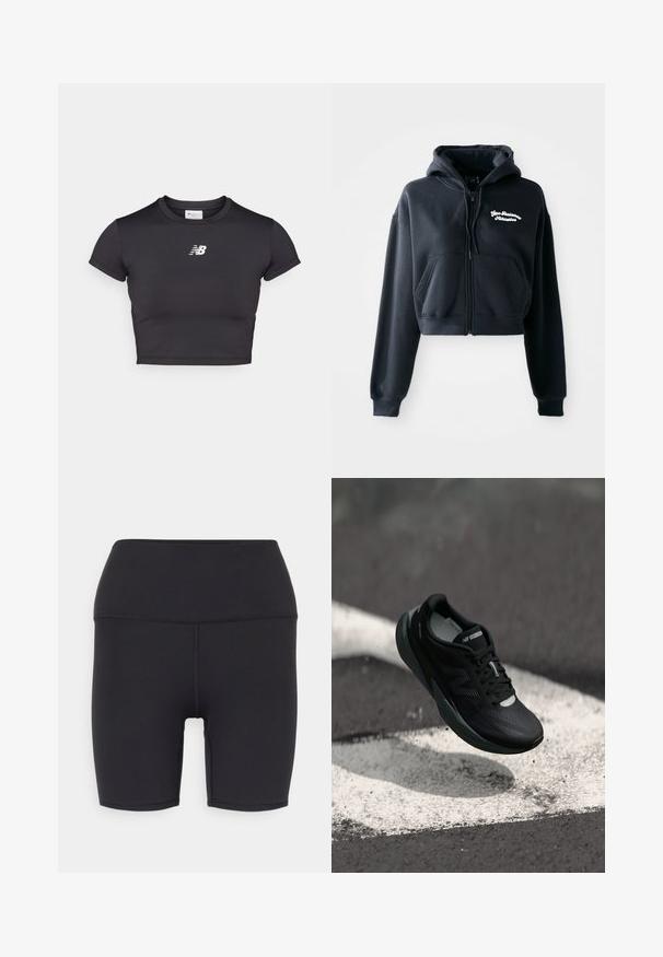 Črn skrajšan hoodie iz mehke tkanine, z zadrgo na sprednji strani, dvema sprednjima žepoma in belim vezenim napisom na levi strani prsnega koša.; Črn skrajšan atletski majica s kratkimi rokavi, izdelana iz raztegljive tkanine. Ima bel logotip spredaj, okroglo izrezano vratno linijo in prilegajoč dizajn.; Črne atletske kratke hlače iz raztegljivega materiala, z visokim pasom, gladko teksturo in brez vidnih vzorcev ali opreme.; Črne tekaške čevlje z teksturirano zgornjim delom, eleganten dizajn in odsevne detajle. Imajo mehak, oblazinjen podplat za udobje.