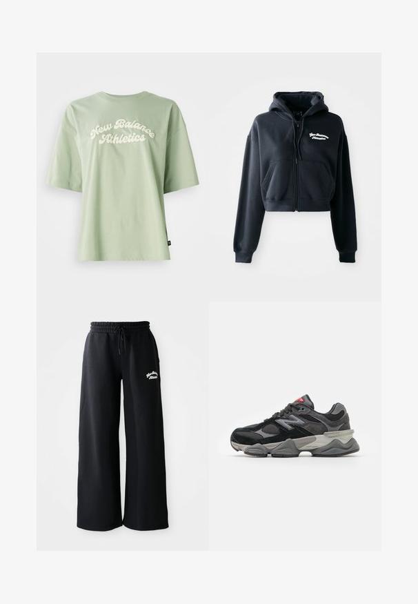 Musta lyhythihainen huppari, joka on valmistettu pehmeästä kankaasta. Hupparissa on vetoketjukiinnitys, kaksi etutaskua ja valkoista brodeerattua tekstiä vasemmassa rinnassa.; Vihreä puuvillainen t-paita, jossa on kaareva, kermavärinen "New Balance Athletics" -logo edessä, lyhyet hihat ja rento malli.; Musta leveälahkeinen collegehousut, jossa on nauhakuja vyötäröllä. Vasemmalla puolella on brodeerattu teksti, ja ne on valmistettu pehmeästä puuvillasekoitemateriaalista.; Mustat ja harmaat lenkkarit, joissa on yhdistelmä mokkaa ja verkkomateriaaleja, paksu pohja, hallitseva logo ja punaisia yksityiskohtia kielekkeessä.