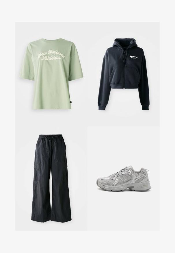 Zwarte cropped hoodie van zachte stof, met een ritssluiting aan de voorkant, twee voorzakken en witte geborduurde tekst op de linkerkant van de borst.; Groene katoenen T-shirt met een gebogen, crèmekleurig "New Balance Athletics" logo aan de voorkant, met korte mouwen en een ontspannen pasvorm.; Zwarte cargobroek van lichtgewicht stof, met een wijd ontwerp, elastische tailleband en meerdere zijzakken. Eenvoudig en functioneel.; Zilveren hardloopschoen met een slank design, gaaspanelen, een gevoerde tong, textuur van synthetisch bovenwerk en rubberen buitenzool voor grip.
