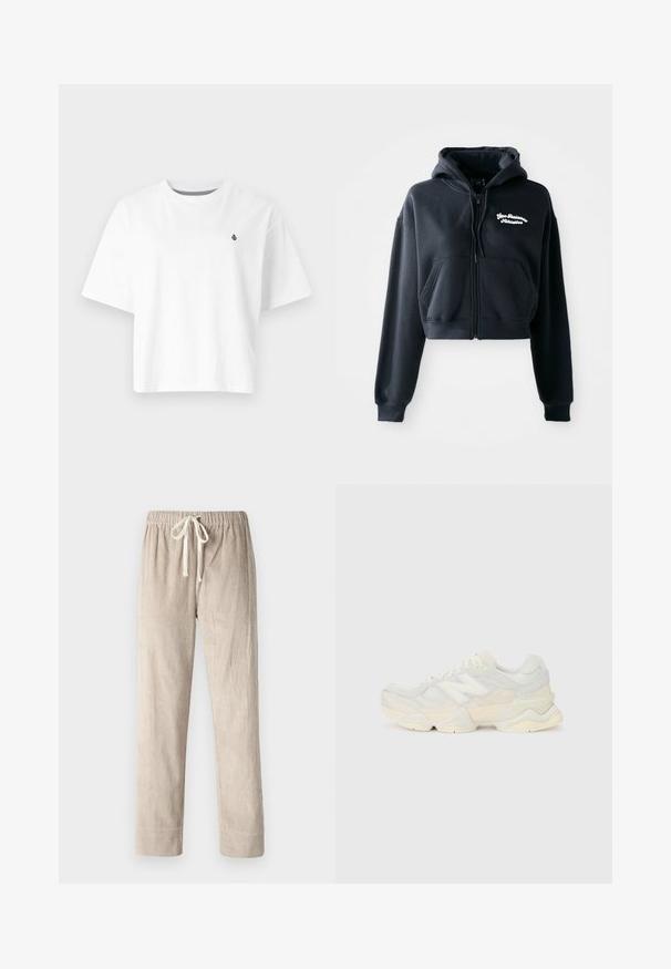 Black cropped hoodie made of soft fabric, featuring a zip front, two front pockets, and white embroidered text on the left chest.; White cotton T-shirt, cropped design, short sleeves, round neckline, featuring a small black logo on the left chest.; Beige corduroy pants with a straight-leg design, featuring an elastic waistband and adjustable drawstring, smooth texture with vertical ribbing.; Lightweight sneaker featuring a mesh and suede upper in soft cream tones, with a chunky sole and three-dimensional accents.