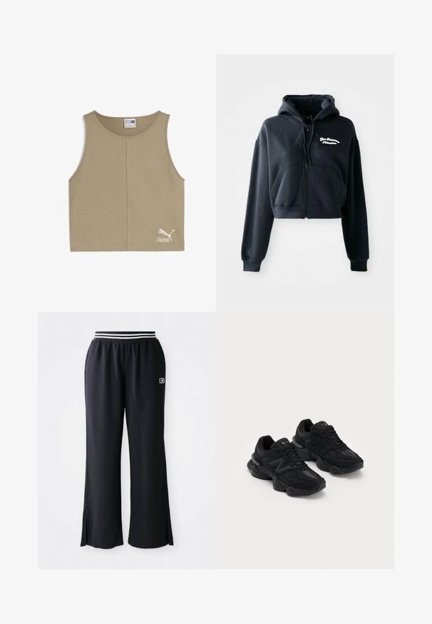 Juodas trumpas gobtuvas, pagamintas iš švelnios medžiagos, su užtrauktuku priekyje, dviem priekinėmis kišenėmis ir balta siuvinėta tekstu kairėje krūtinės pusėje.; Bežinis be rankovių topas su tekstūruotu briaunotu raštu, apvaliu iškirpimu ir baltu PUMA logotipu priekinėje apatinėje kairėje pusėje.; Juodos sportinės kelnės su plačiais džinsais, elastinga juosta su juodais ir baltais dryžiais, ir šoninėmis skiriamomis detalėmis apatinėje dalyje.; Juodos sportinės bateliai su tekstūruotu paviršiumi, turintys išryškintą "N" ženklą, paminkštintą padas ir elegantišką, modernią siluetą.
